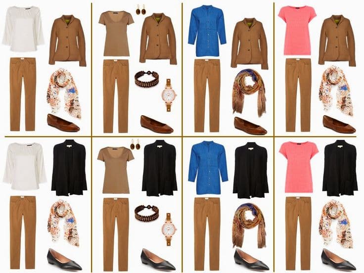 Neatly organized minimalist capsule wardrobe with neutral-toned clothing on wooden hangers