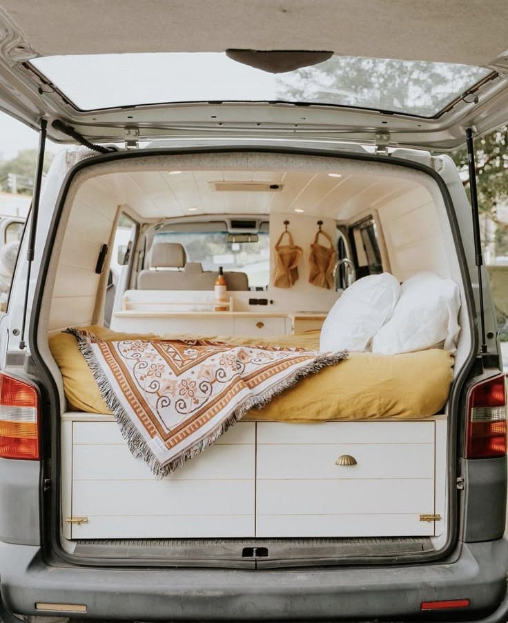 A modern camper van parked beside a mountain lake at sunset