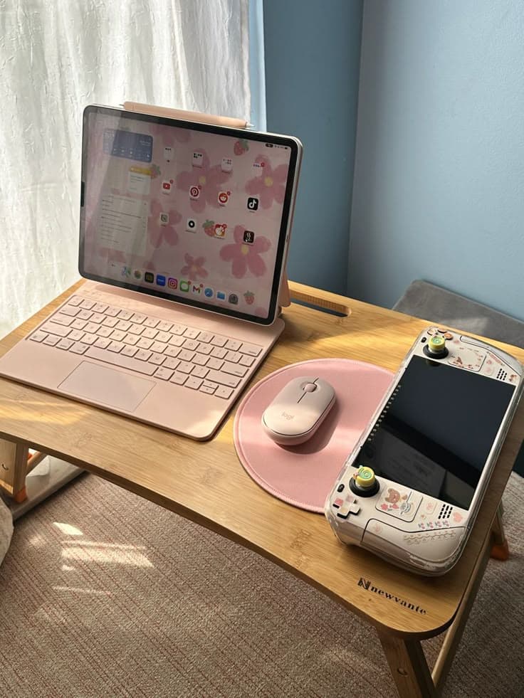 Handheld gaming device on a dark surface with RGB lighting