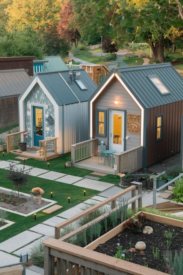 Row of small modern tiny homes in a planned community with green spaces