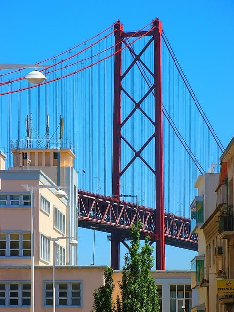 Ponte 25 de Abril suspension bridge spanning the Tagus River in Lisbon at sunset
