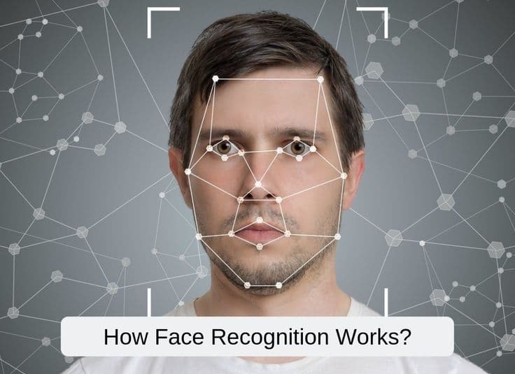 Digital face scanning interface with biometric data overlays on a dark background